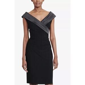 Lauren Ralph Lauren Black Satin-Collar Evening Elegant Jersey Fitted Dress Sz 16